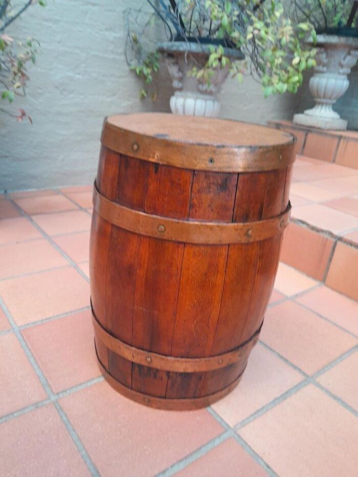 An Antique Teak and Brass Belted Machanick Co Wine Barrel - Image 3