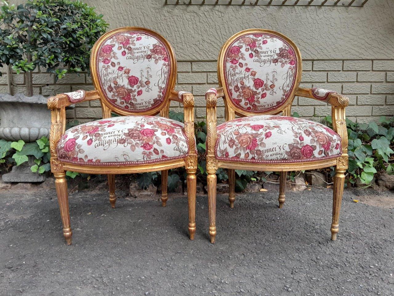 A French  Louis XVl Style Pair of Carved and Gold  Armchairs