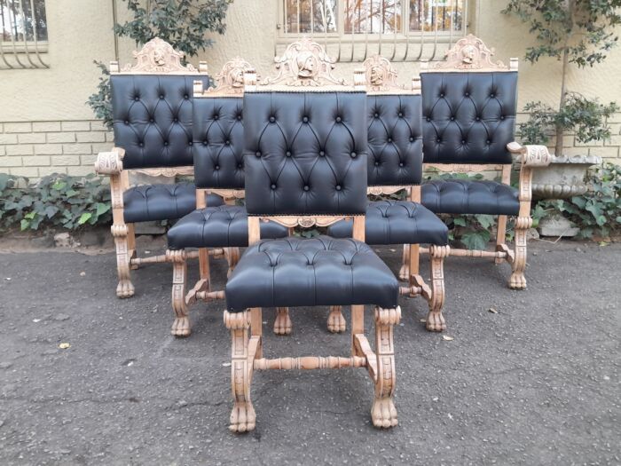 A 19th Century Spanish Heavily Carved Wooden Set of Six Mahogany Chairs (Comprises a Pair of Carvers / Armchairs and Four Dining Chairs) Upholstered in Deep Buttoned Leather  - Image 4