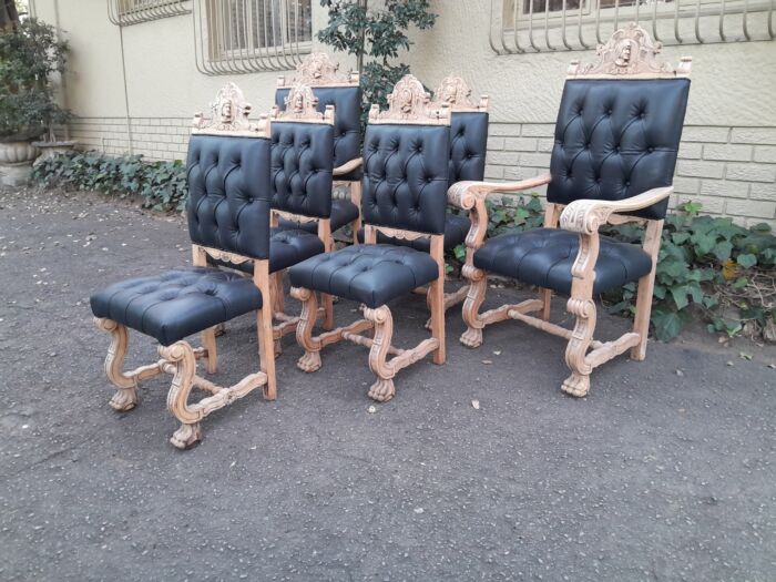 A 19th Century Spanish Heavily Carved Wooden Set of Six Mahogany Chairs (Comprises a Pair of Carvers / Armchairs and Four Dining Chairs) Upholstered in Deep Buttoned Leather  - Image 6
