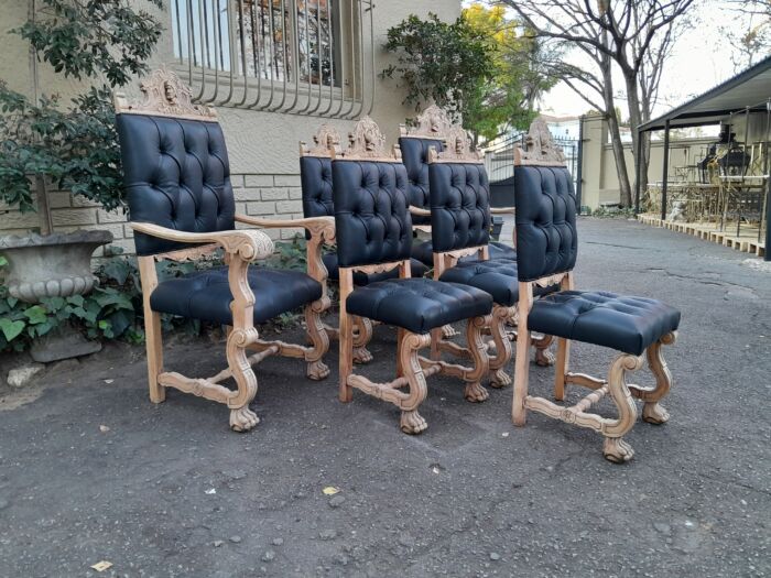 A 19th Century Spanish Heavily Carved Wooden Set of Six Mahogany Chairs (Comprises a Pair of Carvers / Armchairs and Four Dining Chairs) Upholstered in Deep Buttoned Leather  - Image 7