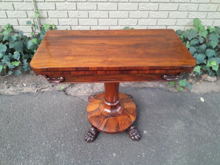 A 19TH Century William IV Rosewood Fold-over Card Table With Paw Feet - Image 4