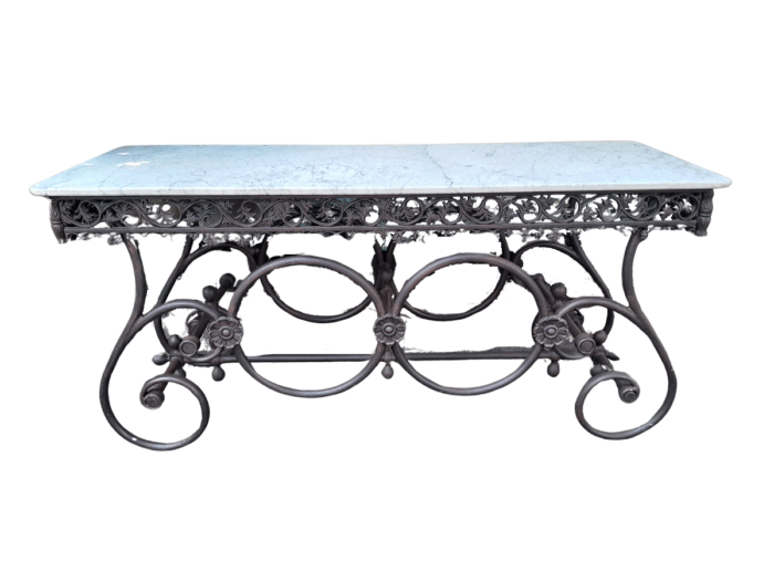 A French Style Wrought Iron and Marble Console Table