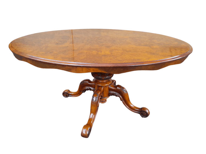 An Antique Victorian Burr Walnut Folding Table with Carved Base