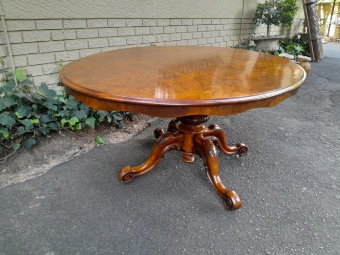 An Antique Victorian Burr Walnut Folding Table with Carved Base - Image 3