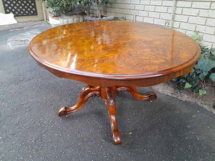 An Antique Victorian Burr Walnut Folding Table with Carved Base - Image 4