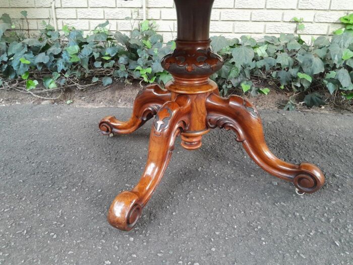 An Antique Victorian Burr Walnut Folding Table with Carved Base - Image 6