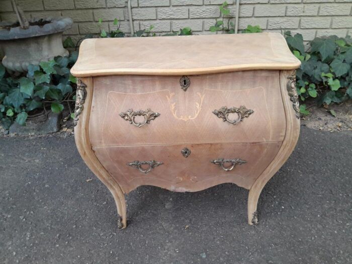 A 20th Century French Style Walnut and Inlaid Bombe Chest of Drawers with Gilt Mounts with Marble top and In A Contemporary Bleached Finish - Image 2