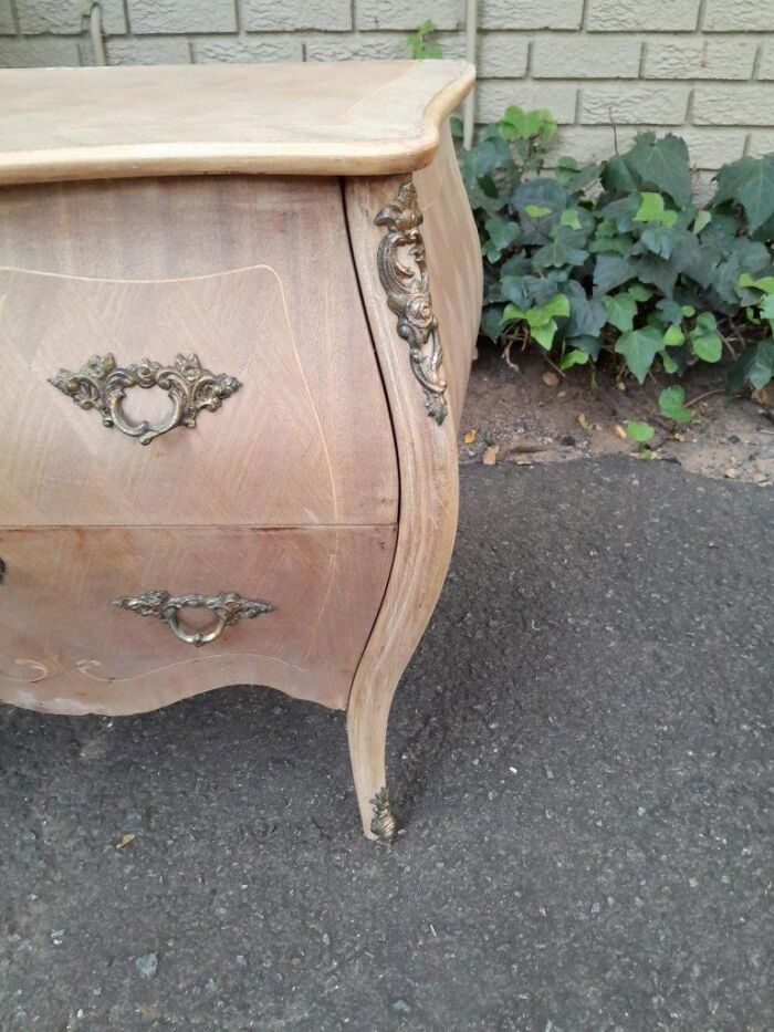 A 20th Century French Style Walnut and Inlaid Bombe Chest of Drawers with Gilt Mounts with Marble top and In A Contemporary Bleached Finish - Image 5