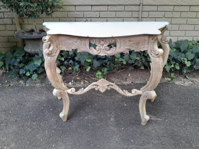 An Antique Victorian Ornately Carved Mahogany Console Table With Grey Marble Top