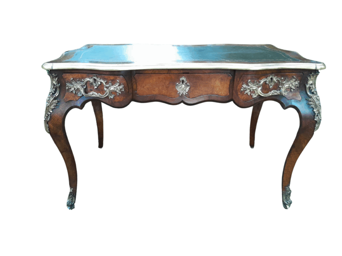 A 19TH Century French Walnut and Ormolu Mounted Desk/Writing Table/Plat with Tilt Tooled Leather Insert and Three Drawers
