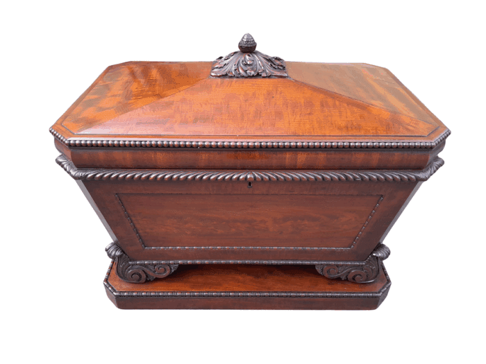 A 19th Century Flame Mahogany Wooden Carved  Cellarette on Carved Feet (Interior with Lead Lining for Wine Bottles and Ice)