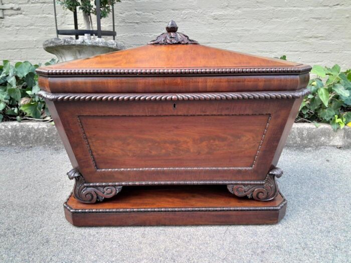 A 19th Century Flame Mahogany Wooden Carved  Cellarette on Carved Feet (Interior with Lead Lining for Wine Bottles and Ice) - Image 2