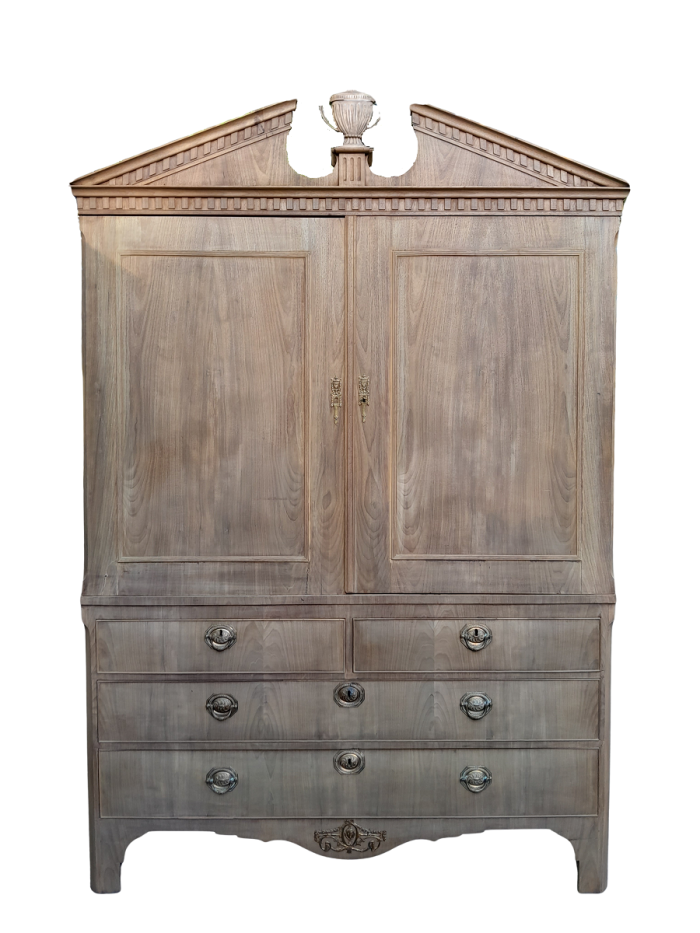 An 18th / 19th Century Dutch Mahogany Linen Press with Brass Handles  and Escutcheons In A Contemporary Bleached Finish