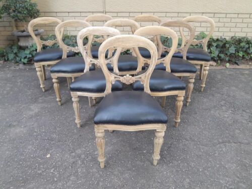 A Victorian Style Set of Ten Dining Chairs in a Contemporary Bleached Finish with Deep Buttoned Leather Seats