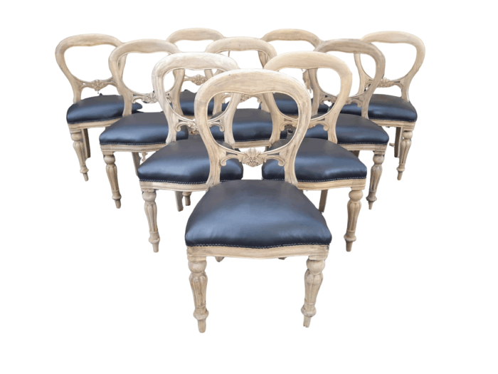 A Victorian Style Set of Ten Dining Chairs in a Contemporary Bleached Finish with Deep Buttoned Leather Seats