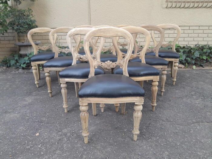 A Victorian Style Set of Ten Dining Chairs in a Contemporary Bleached Finish with Deep Buttoned Leather Seats - Image 2