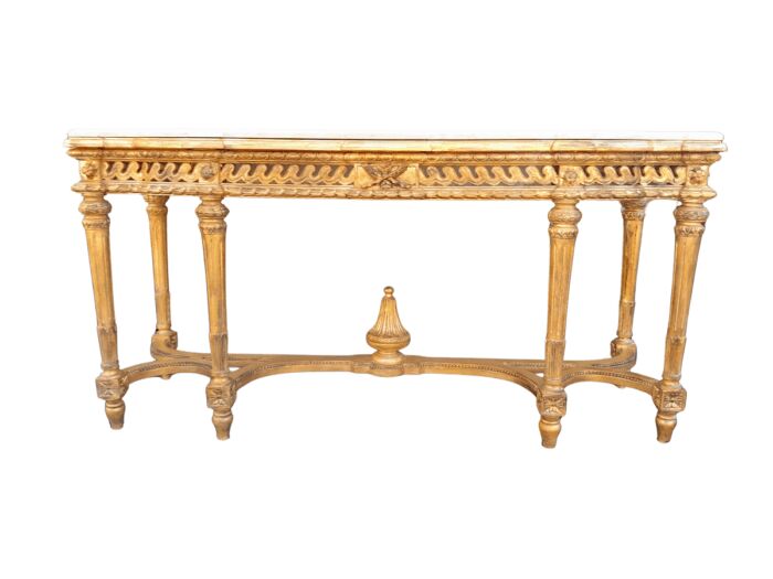 A 20th Century French Louis SVI Style Hand Gilded Console Table With Cream Marble Top