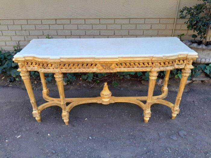 A 20th Century French Louis SVI Style Hand Gilded Console Table With Cream Marble Top - Image 3