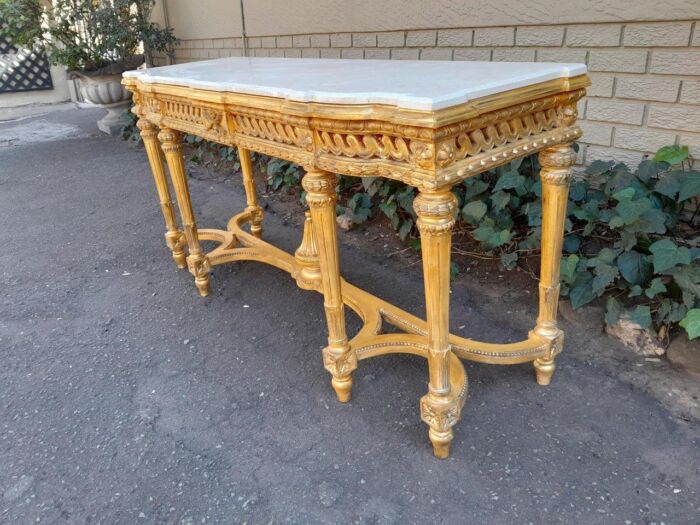 A 20th Century French Louis SVI Style Hand Gilded Console Table With Cream Marble Top - Image 5
