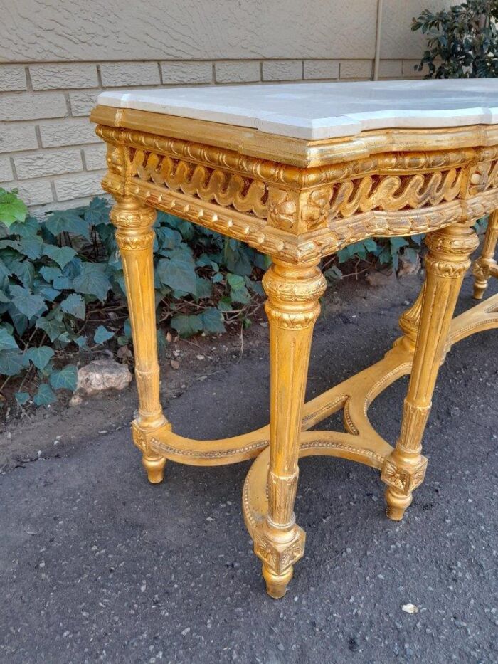 A 20th Century French Louis SVI Style Hand Gilded Console Table With Cream Marble Top - Image 7
