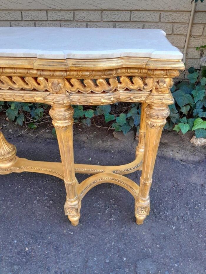 A 20th Century French Louis SVI Style Hand Gilded Console Table With Cream Marble Top - Image 8