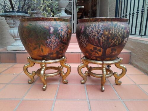 A 20th Century Pair of Gilt and Painted Jardinieres on Stands