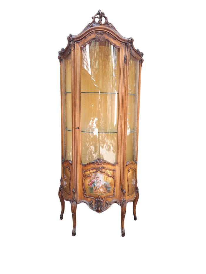 20th Century French Ornately Carved Walnut Vernis Martin Style Vitrine / Display Cabinet with Curved Glazed Door