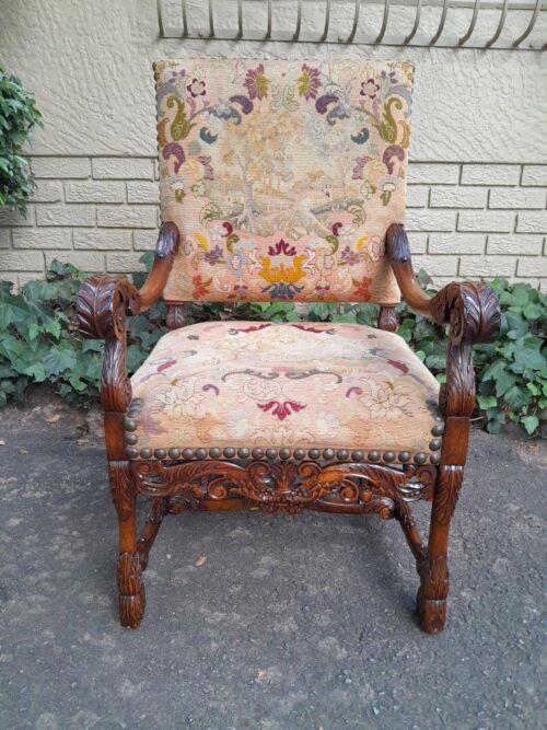 A 19th Century Renaissance Revival Carved Walnut Armchair in  Gobelin Style Tapestry