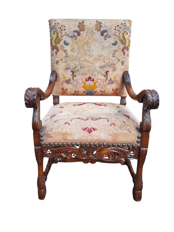 A 19th Century Renaissance Revival Carved Walnut Armchair in  Gobelin Style Tapestry