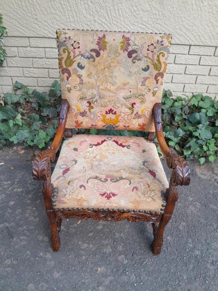 A 19th Century Renaissance Revival Carved Walnut Armchair in  Gobelin Style Tapestry - Image 2
