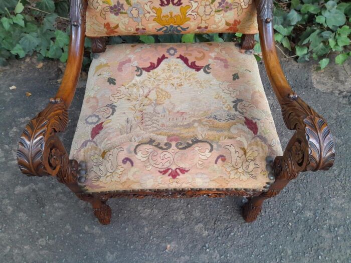 A 19th Century Renaissance Revival Carved Walnut Armchair in  Gobelin Style Tapestry - Image 6