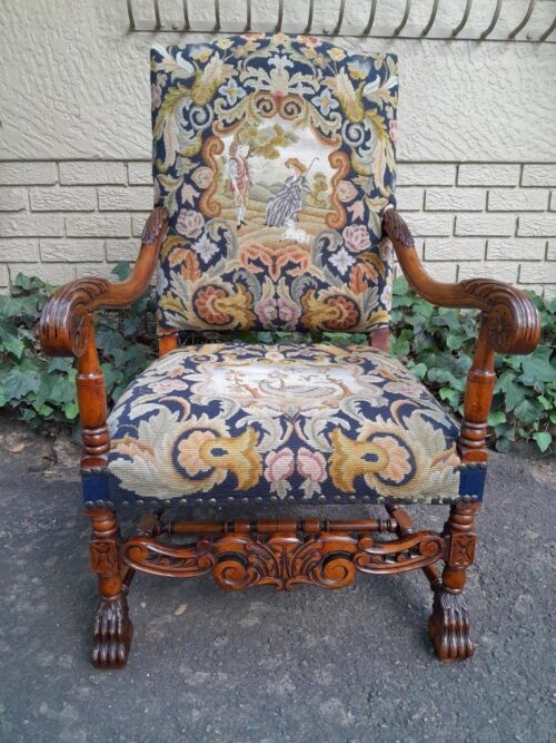 A 19th Century Renaissance Revival Carved Walnut Armchair in  Gobelin Style Tapestry 