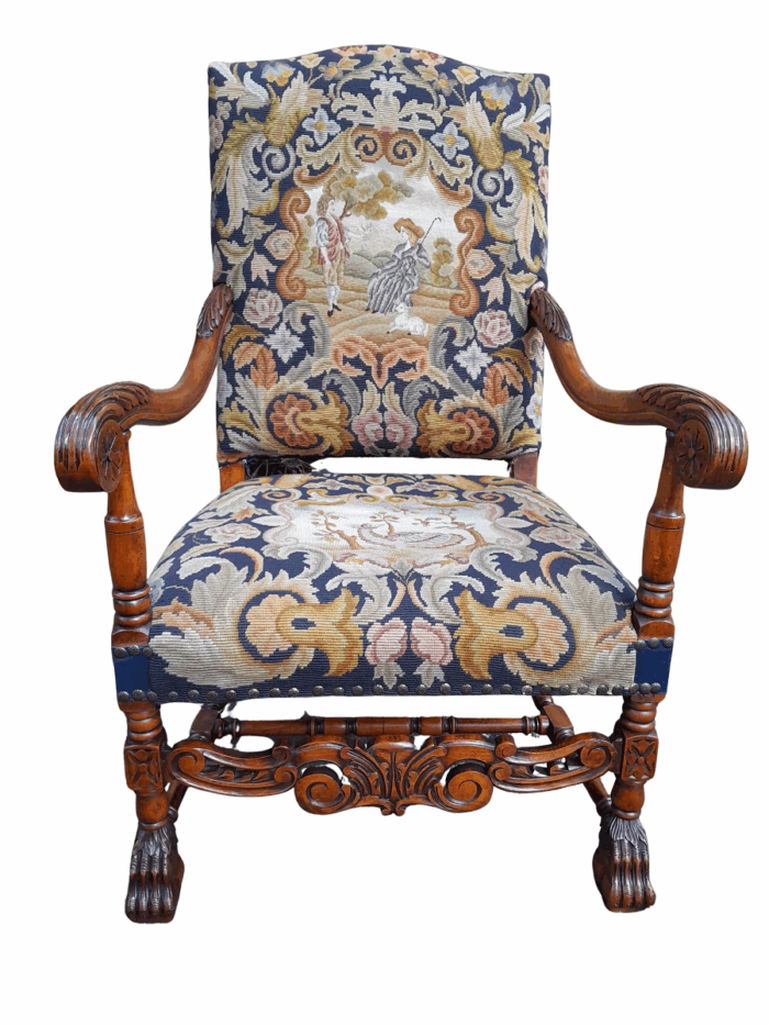 A 19th Century Renaissance Revival Carved Walnut Armchair in  Gobelin Style Tapestry 