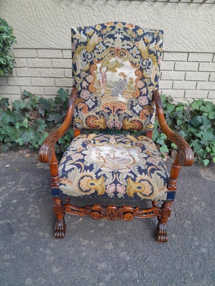 A 19th Century Renaissance Revival Carved Walnut Armchair in  Gobelin Style Tapestry  - Image 3