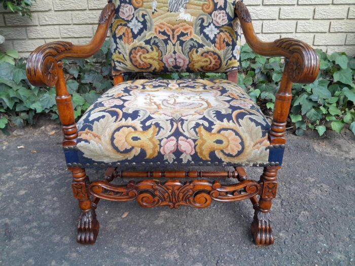 A 19th Century Renaissance Revival Carved Walnut Armchair in  Gobelin Style Tapestry  - Image 6