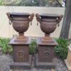 A 20TH Century Pair of French Cast Iron Urns / Planters on Plinths of Large Proportions - Image 3