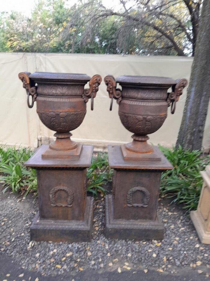A 20TH Century Pair of French Cast Iron Urns / Planters on Plinths of Large Proportions - Image 3
