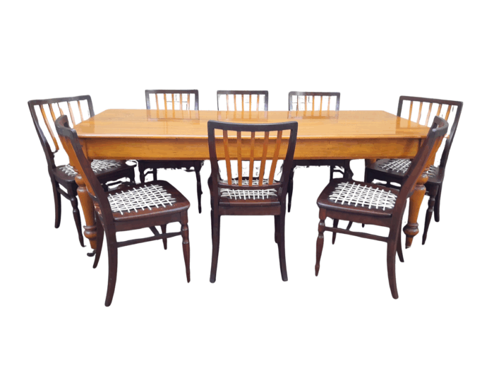 A Late 19thCentury  Early 20th Century Yellowwood Dining Table  with A 20th Century Set of Eight (8) Cape Stinkwood and Yellowwood Riempie Dining Chairs