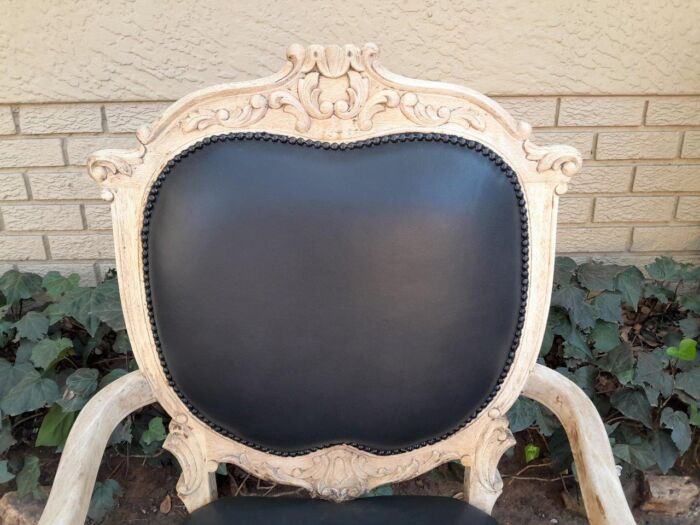 A 20th Century Pair Of French Style Carved Oak Armchairs In A Contemporary Bleached Finish And Upholstered In Leather - Image 9