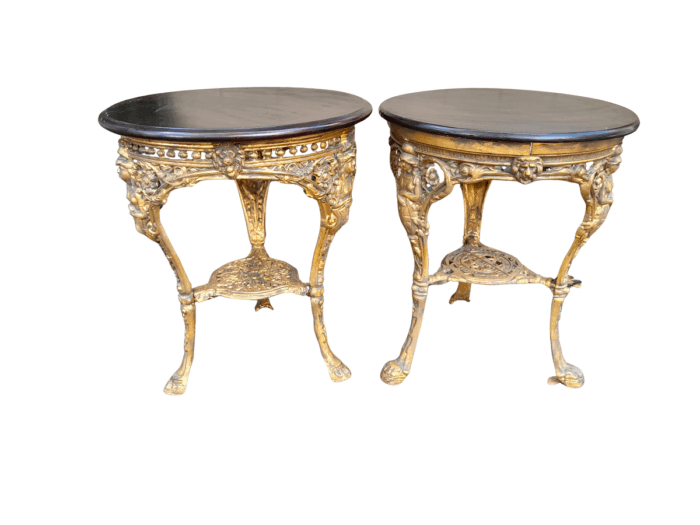 A 19th Century Pair of Original Victorian Britannia  Cast Iron Pub Tables with Teak Wooden Tops In a Contemporary Hand Gilded Finish