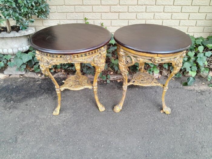 A 19th Century Pair of Original Victorian Britannia  Cast Iron Pub Tables with Teak Wooden Tops In a Contemporary Hand Gilded Finish - Image 3