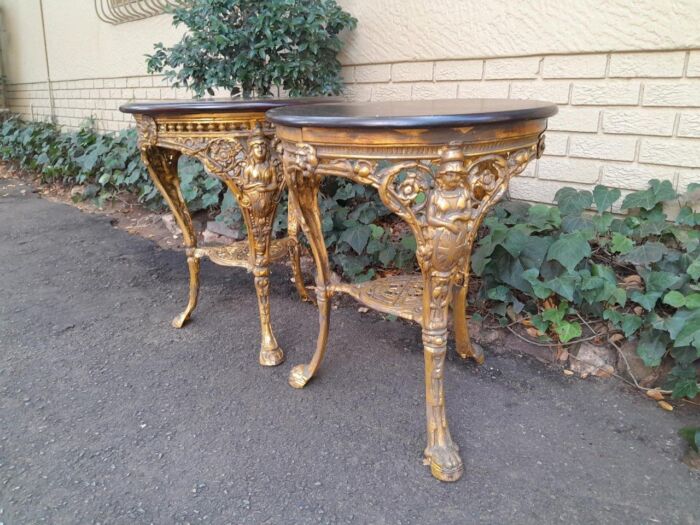 A 19th Century Pair of Original Victorian Britannia  Cast Iron Pub Tables with Teak Wooden Tops In a Contemporary Hand Gilded Finish - Image 4