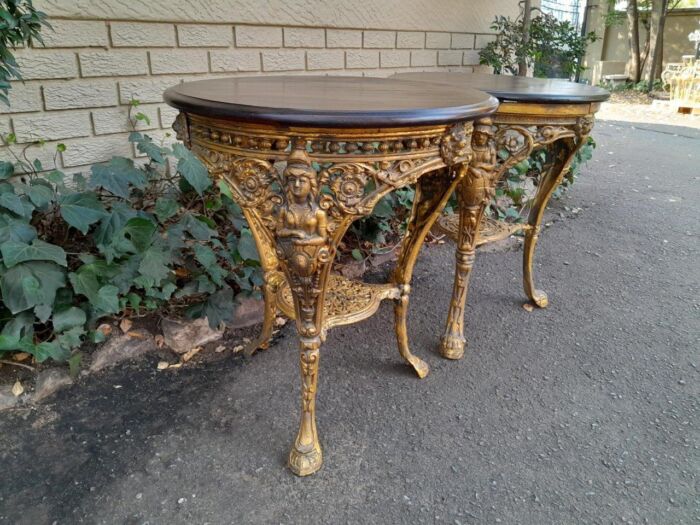 A 19th Century Pair of Original Victorian Britannia  Cast Iron Pub Tables with Teak Wooden Tops In a Contemporary Hand Gilded Finish - Image 5