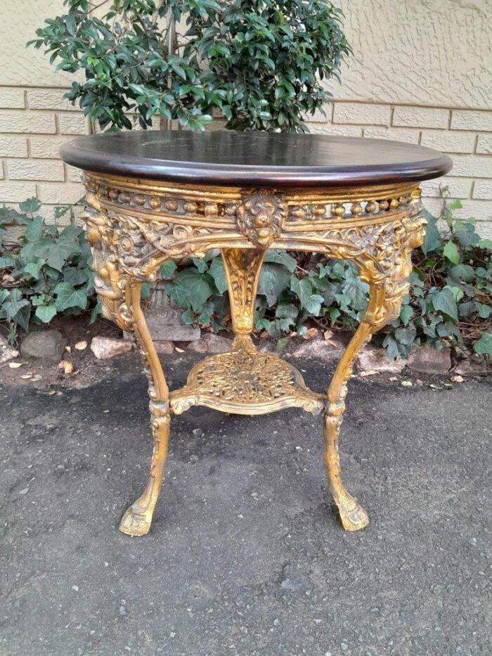 A 19th Century Pair of Original Victorian Britannia  Cast Iron Pub Tables with Teak Wooden Tops In a Contemporary Hand Gilded Finish - Image 6