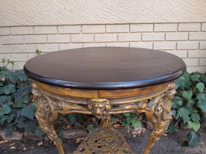 A 19th Century Pair of Original Victorian Britannia  Cast Iron Pub Tables with Teak Wooden Tops In a Contemporary Hand Gilded Finish - Image 9