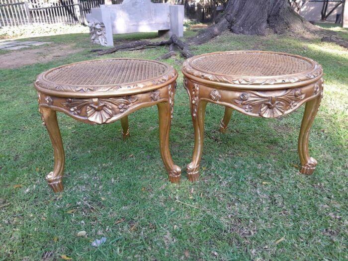 A Pair of French Style Carved Round Side Tables with Rattan Tops