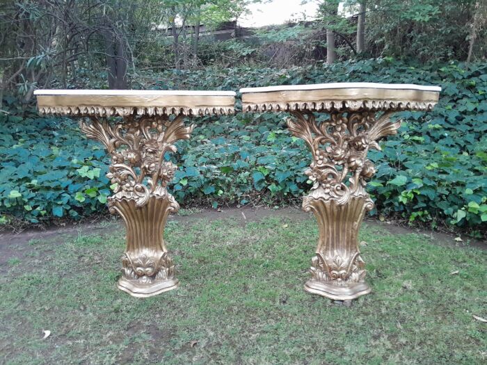 A Pair of Large French Style Carved and Gilded Wall Sconces Or Console Tables with Cream Marble Tops - Image 12