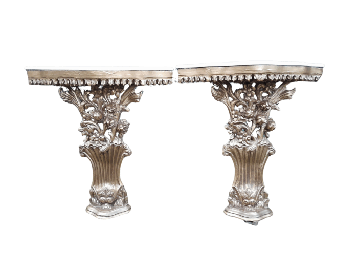A Pair of Large French Style Carved and Gilded Wall Sconces Or Console Tables with Cream Marble Tops
