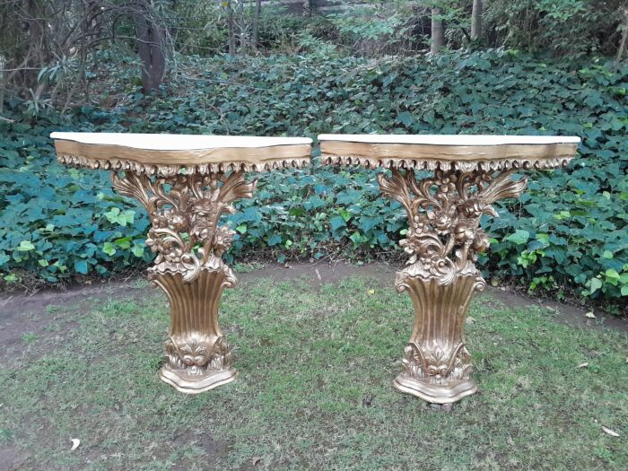 A Pair of Large French Style Carved and Gilded Wall Sconces Or Console Tables with Cream Marble Tops - Image 11